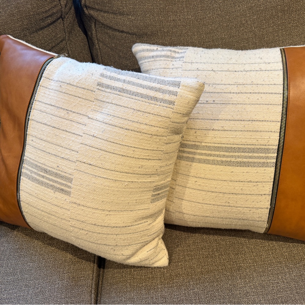 White and leather accent pillow cover square 18x18